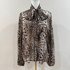 INC Snakeskin Print Lurex Semi Sheer Blouse Size M Tie Neck Animal Print Top